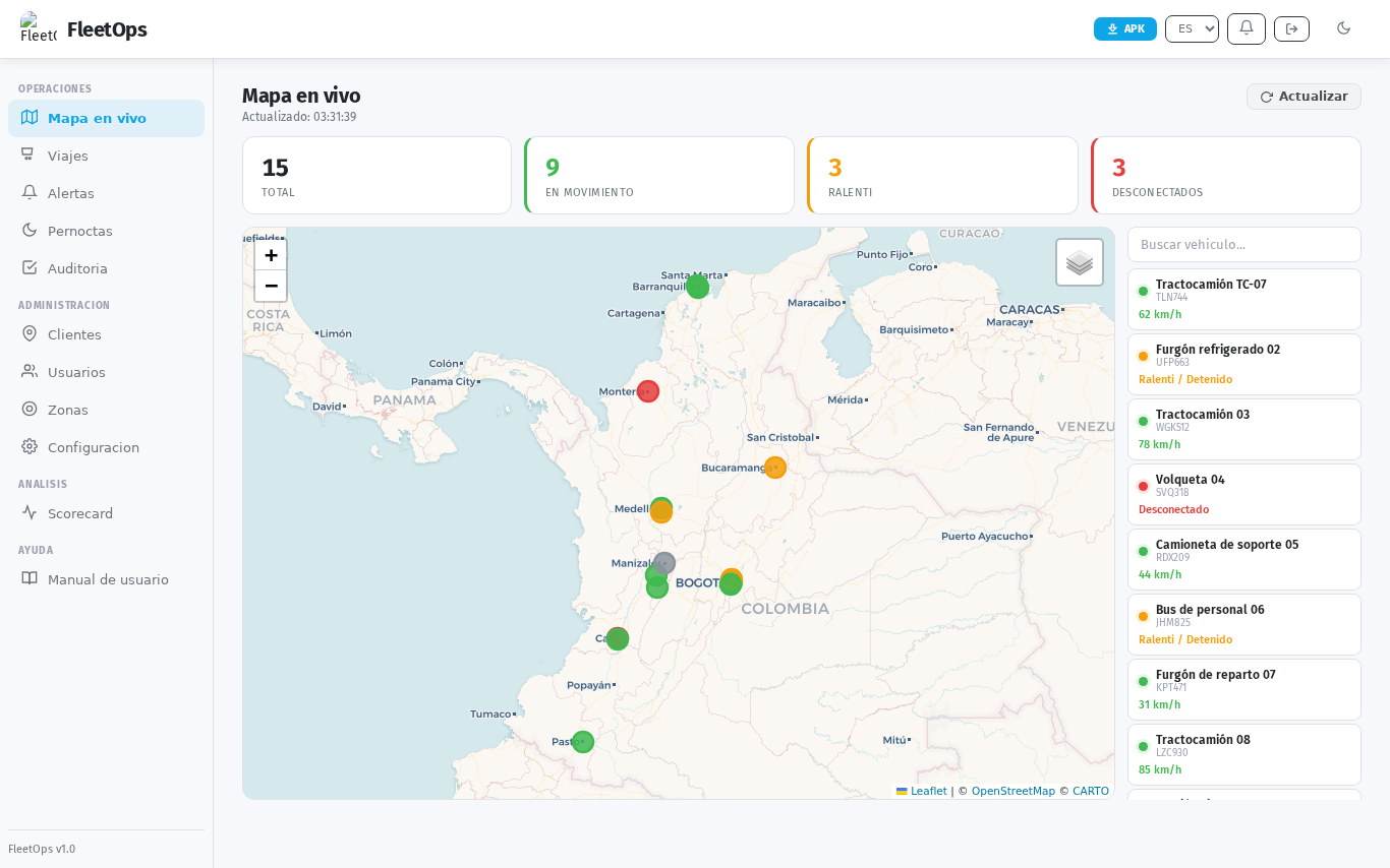 Mapa en vivo de toda la flota en FleetOps
