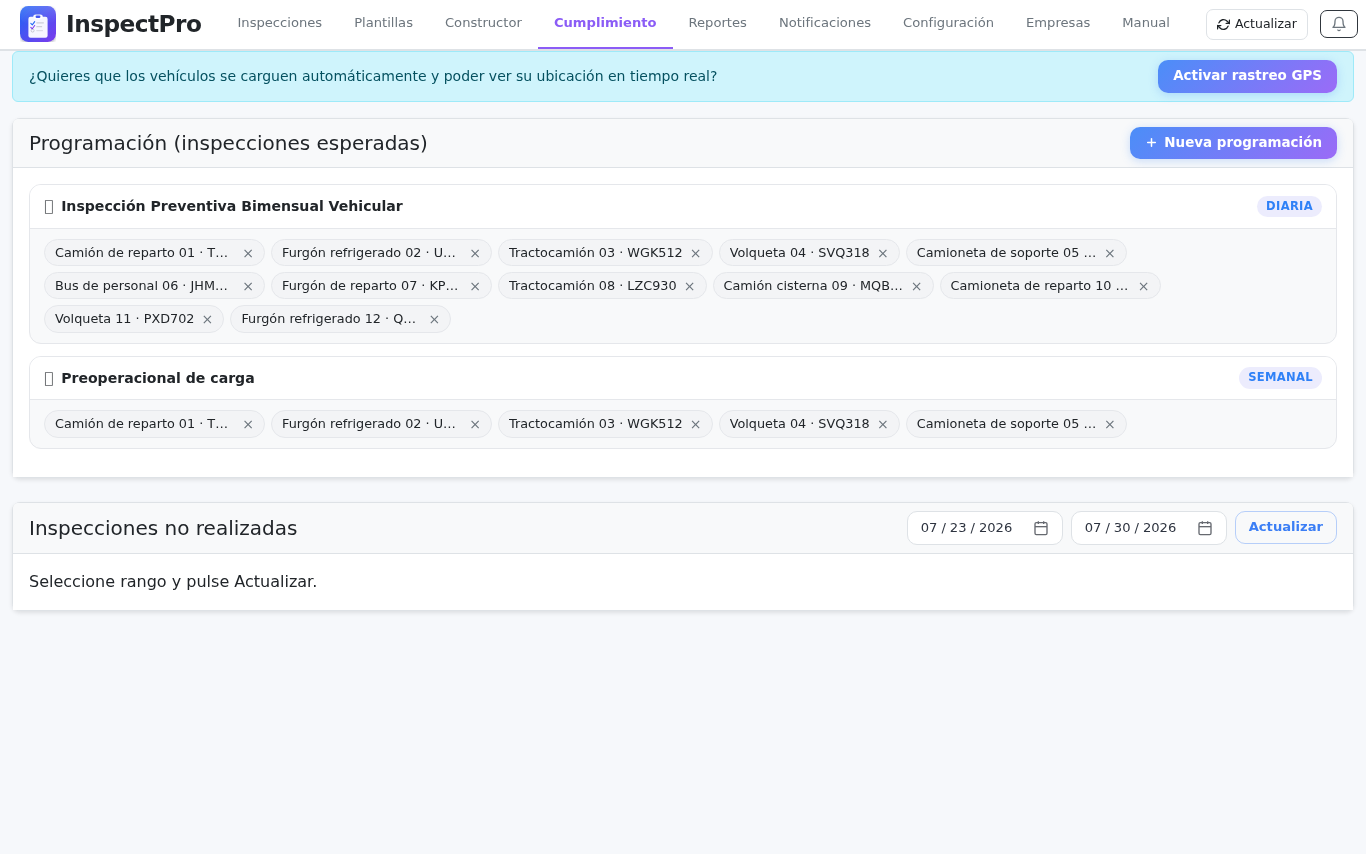 Pantalla principal de InspectPro