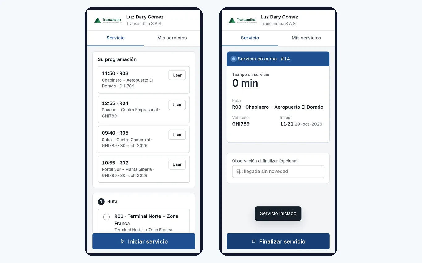 Pantallas del conductor en el celular: su programación y el servicio en curso