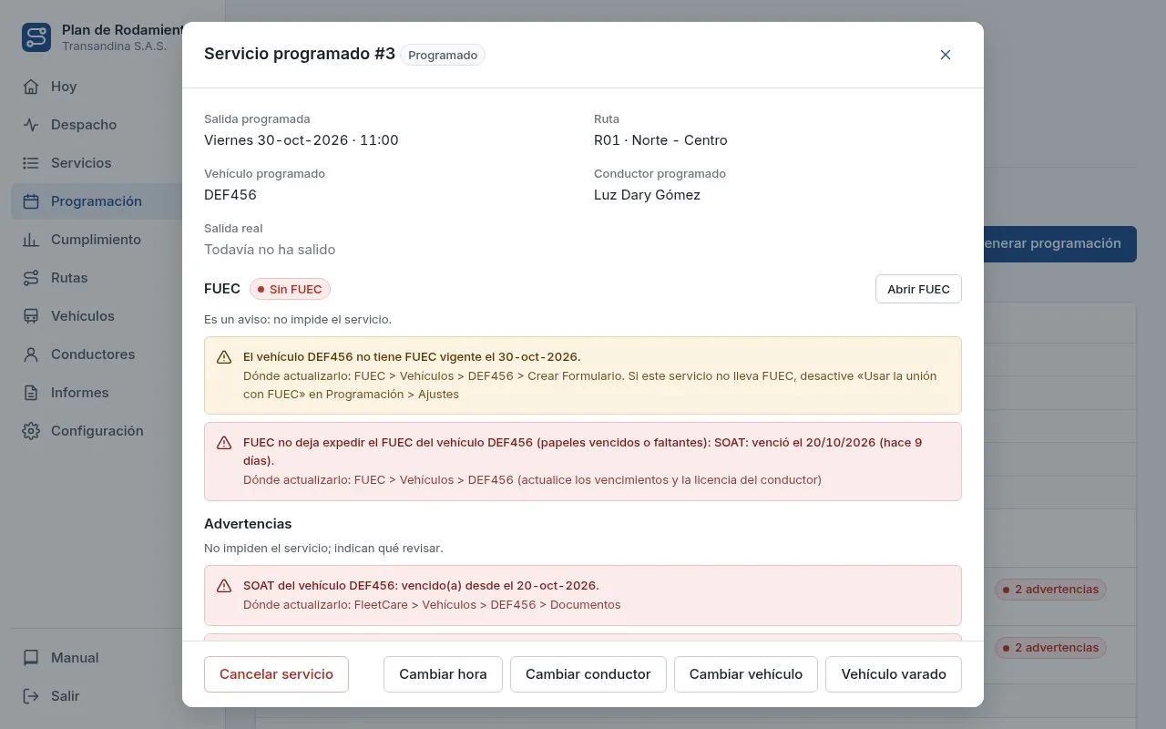 Servicio programado con aviso de FUEC y de documentos vencidos