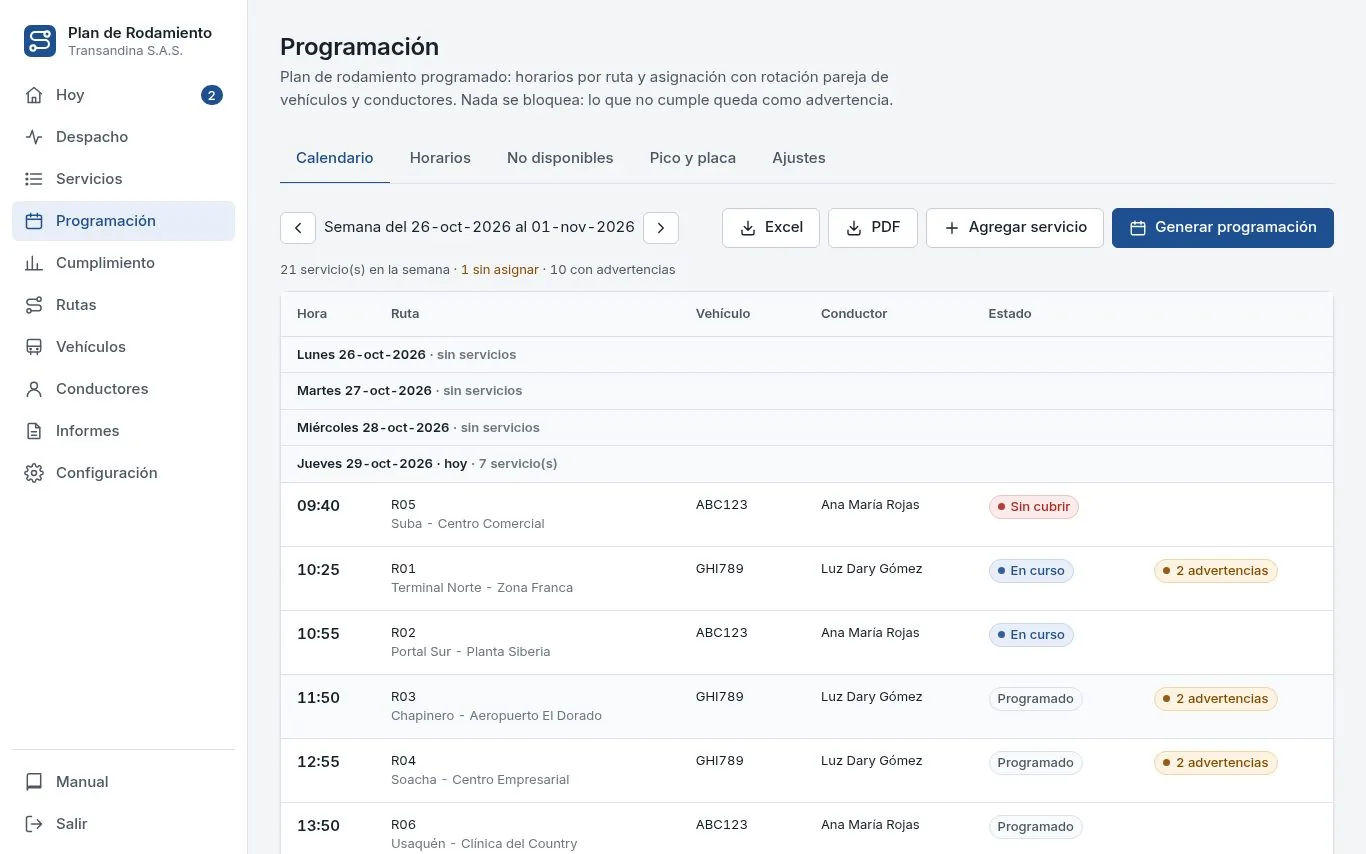 Calendario de la programación con vehículo y conductor por servicio